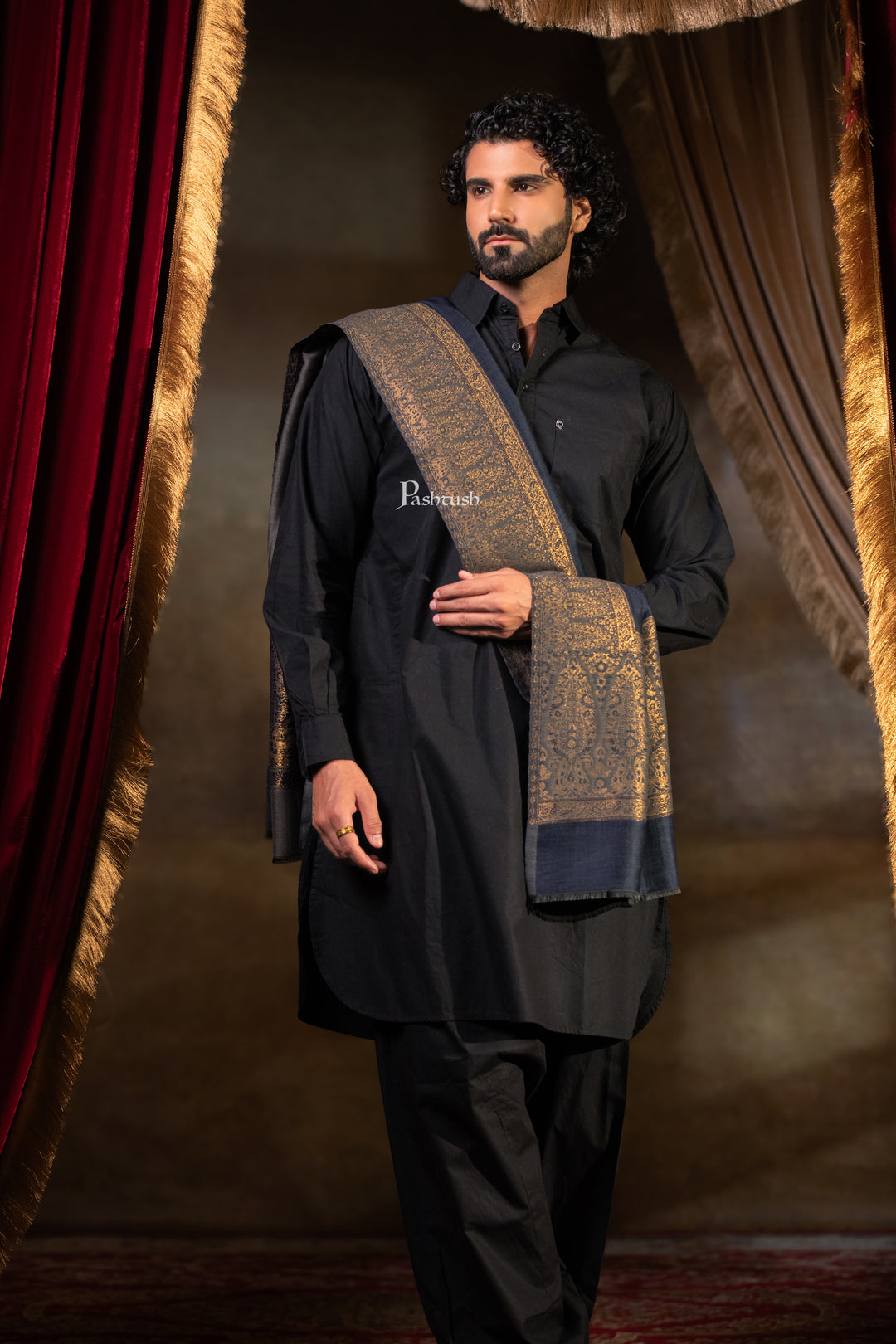 Pashtush Mens Twilight Stole, Zari Design, Navy Blue