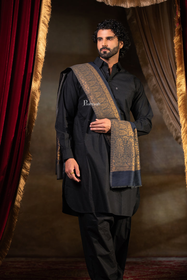 Pashtush Mens Twilight Stole, Zari Design, Navy Blue
