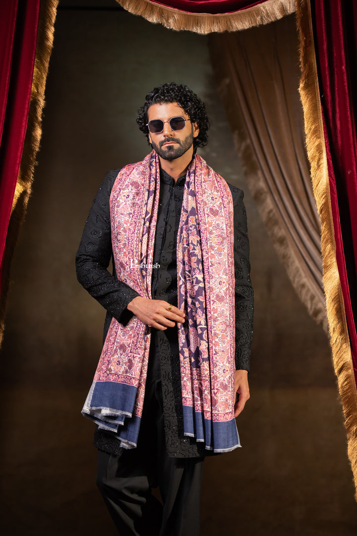 Pashtush Mens Faux Pashmina Stole, Floral Design, Navy Blue