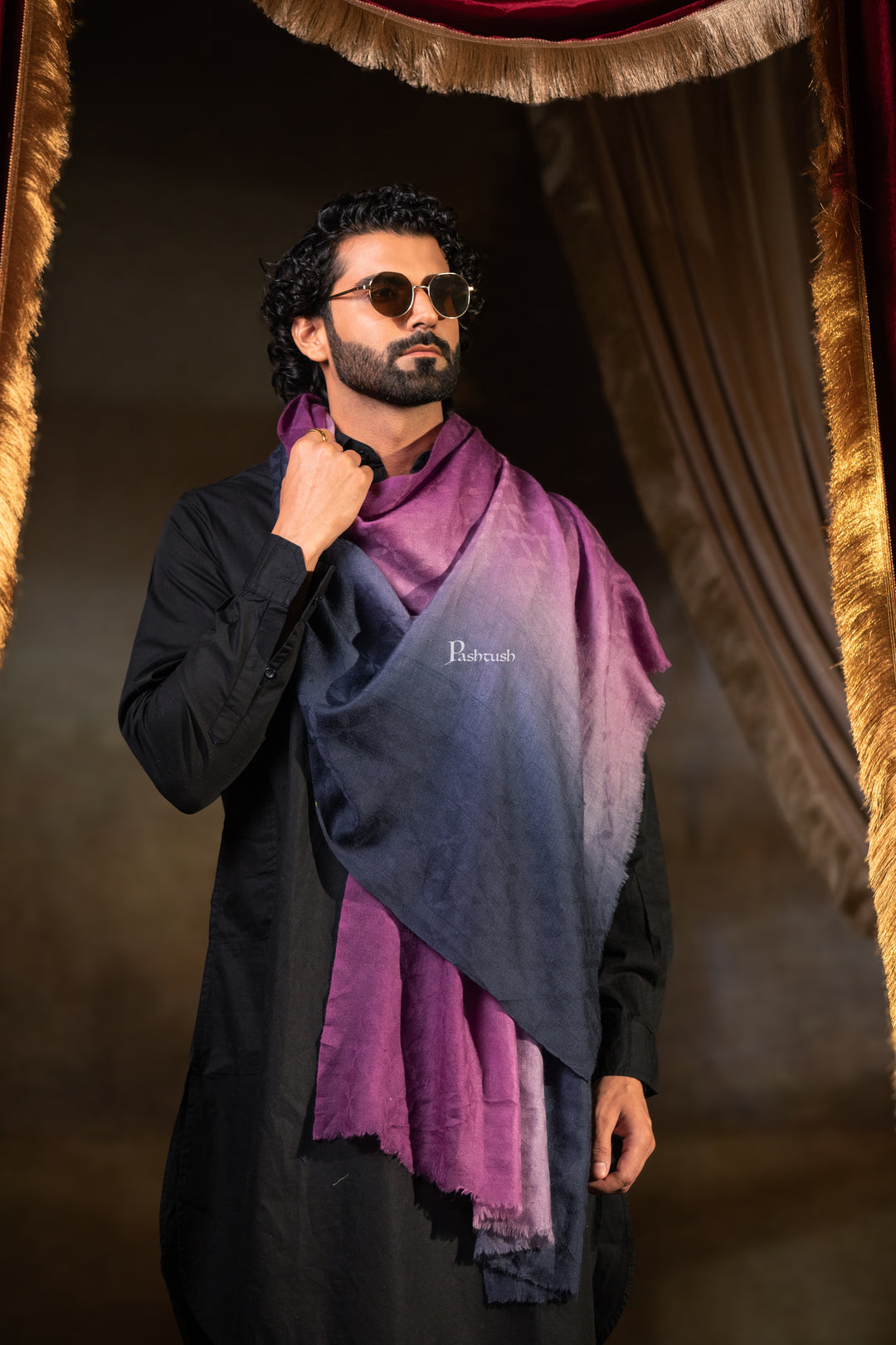Pashtush Mens Cashmere Stole, Ombre Weave Design, Pink and Navy Blue