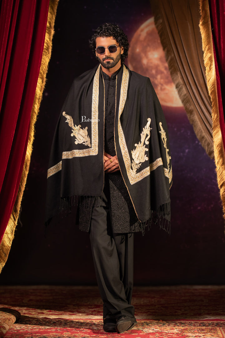 Pashtush Mens Extra Fine Wool Stole, Paisley Design, Black
