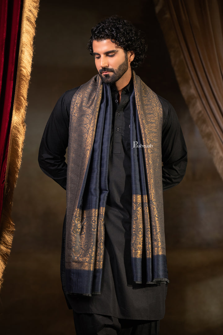 Pashtush Mens Twilight Stole, Zari Design, Navy Blue