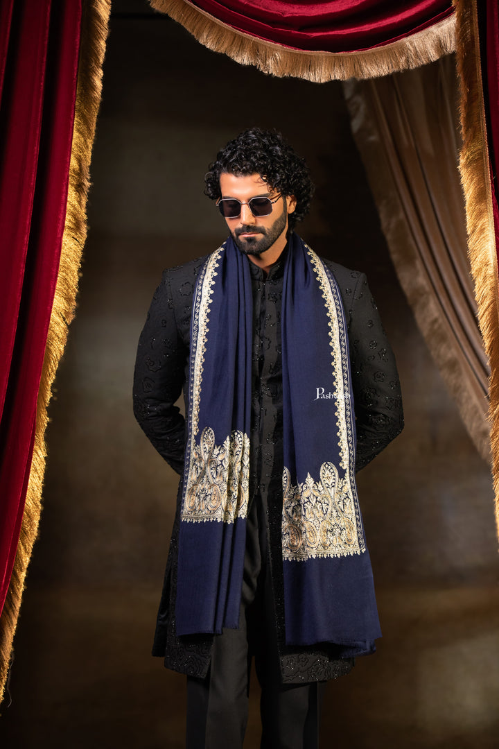 Pashtush Mens Extra Fine Wool Stole, Paisley Design, Navy Blue