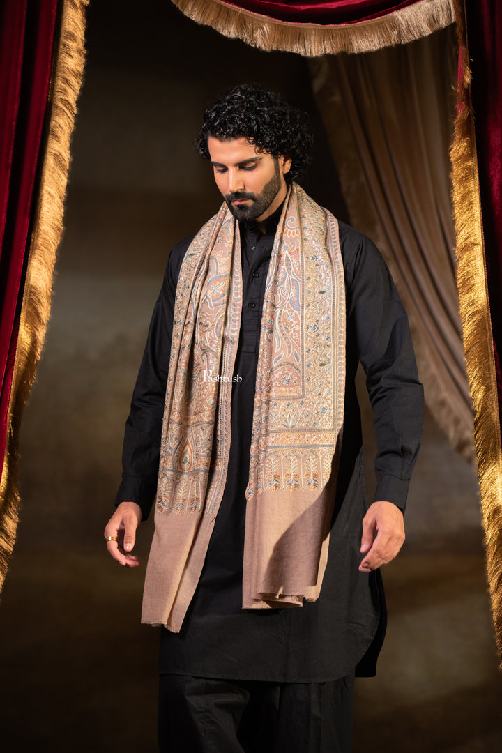 Pashtush Mens Extra Fine Wool Stole, Silk Wool Fine Embroidery, Taupe