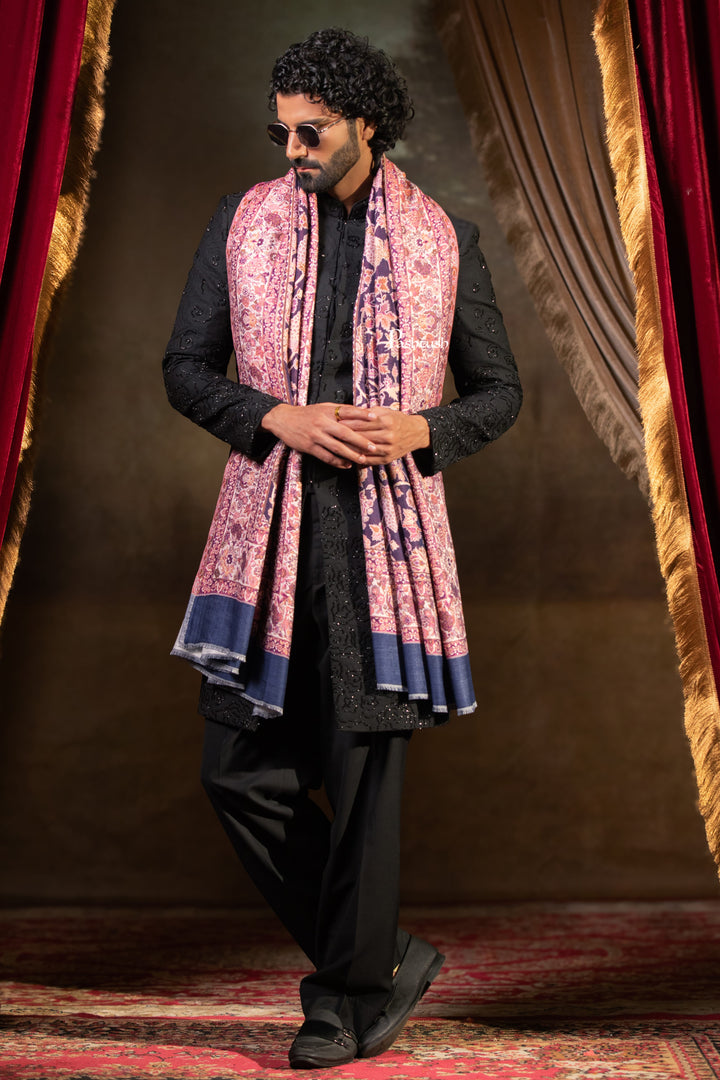 Pashtush Mens Faux Pashmina Stole, Floral Design, Navy Blue