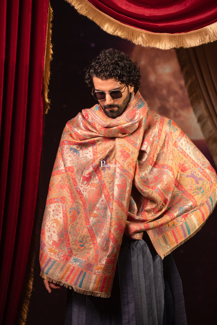 Pashtush Mens Faux Pashmina Shawl, Zari Design, Multicoloured