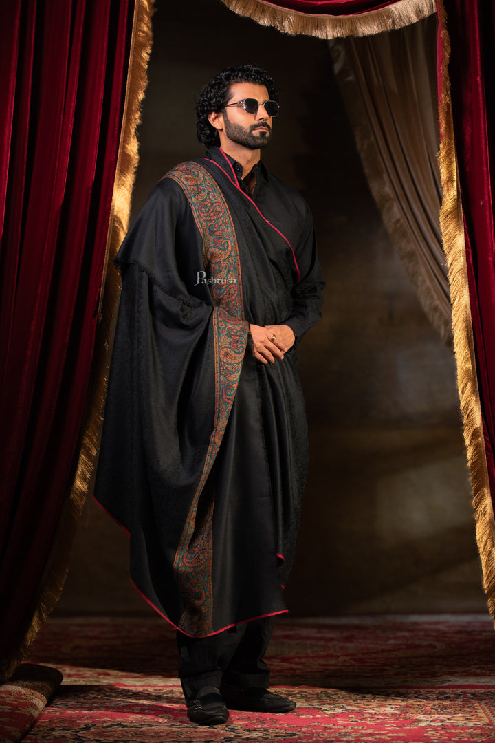 Pashtush Mens Extra Fine Wool Shawl, Ambi Border Design, Black