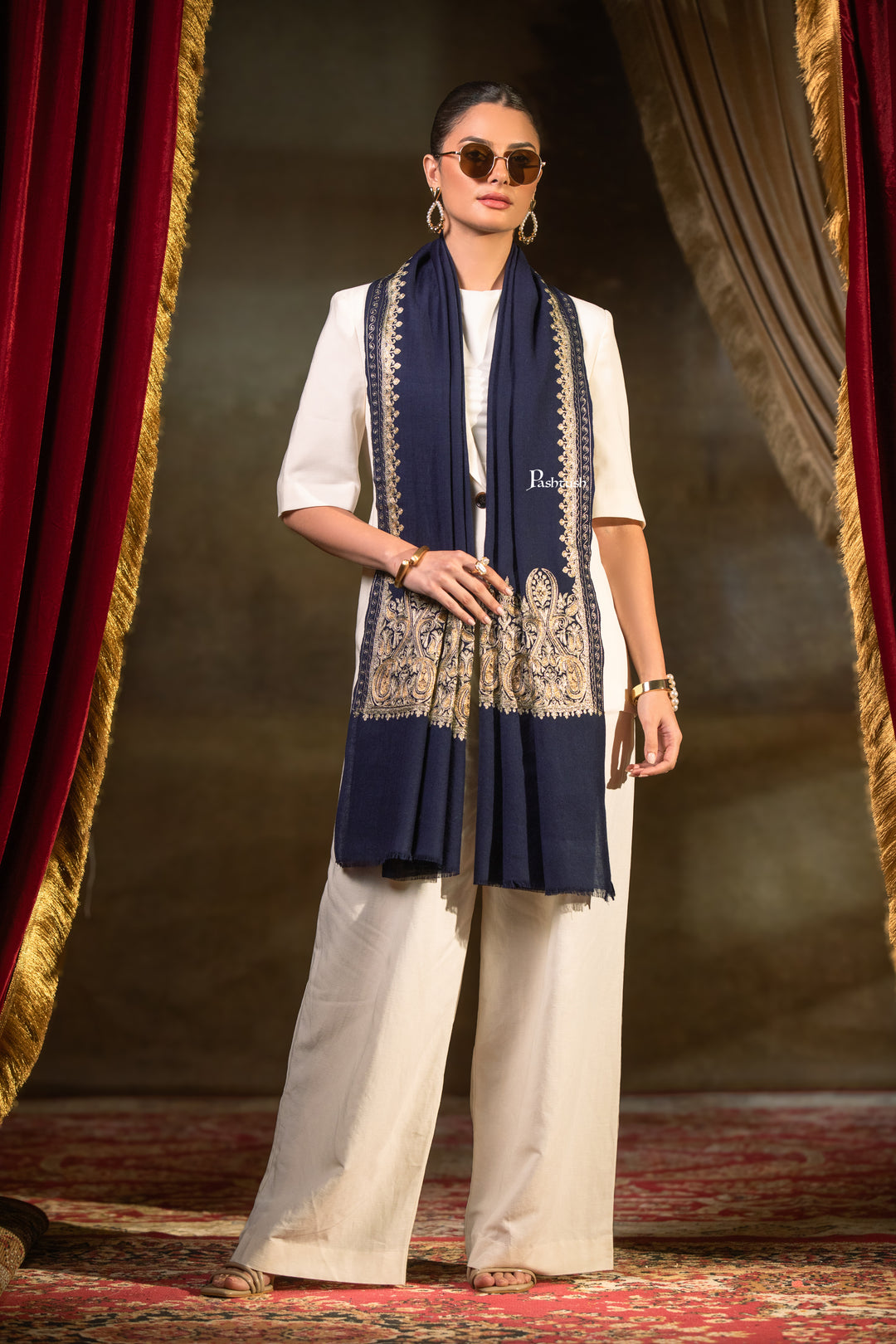 Pashtush Womens Extra Fine Wool Stole, Tilla Embroidery Work, Navy Blue