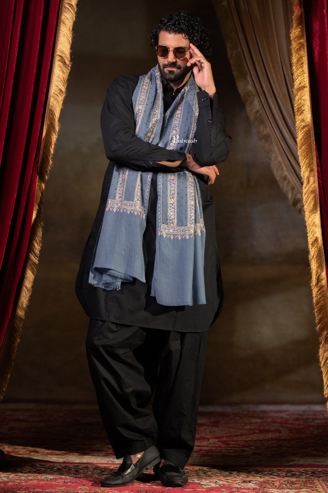 Pashtush Mens Stole, Silk Wool Fine Embroidery, Grey