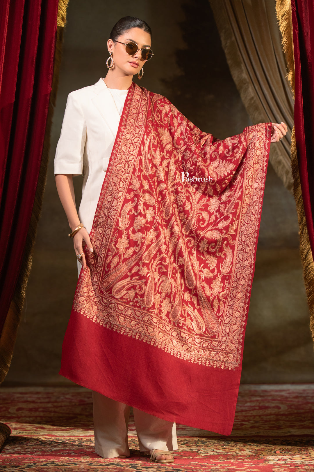 Pashtush Womens Extra Fine Wool Stole, Paisley Embroidery Design, Maroon