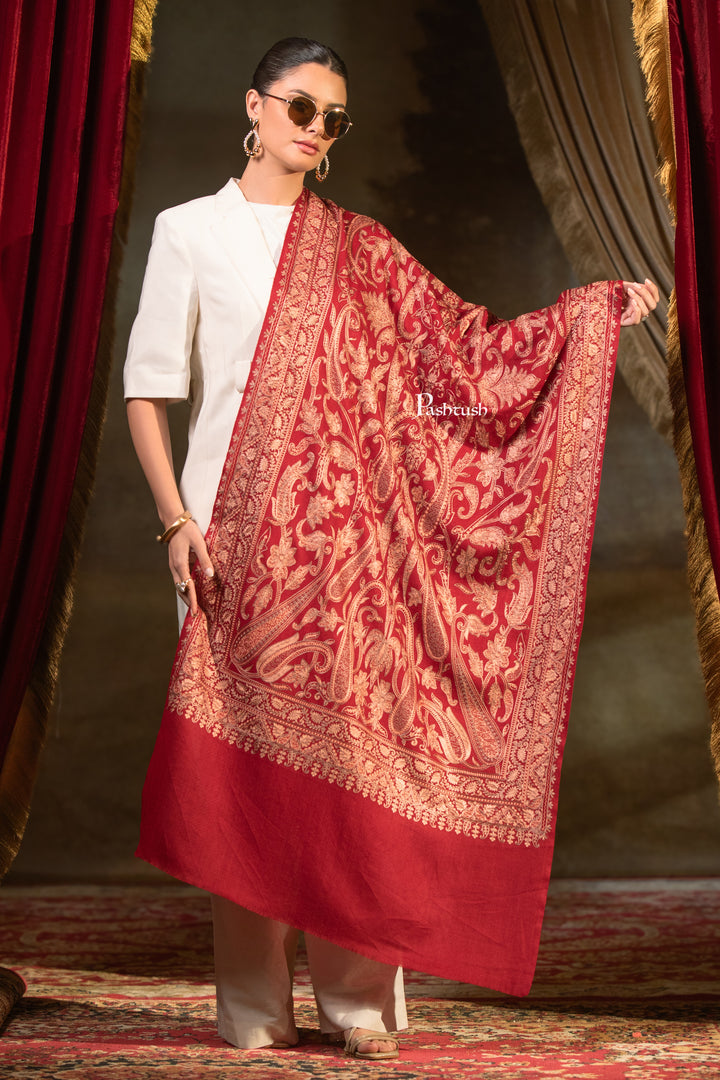Pashtush Womens Extra Fine Wool Stole, Paisley Embroidery Design, Maroon