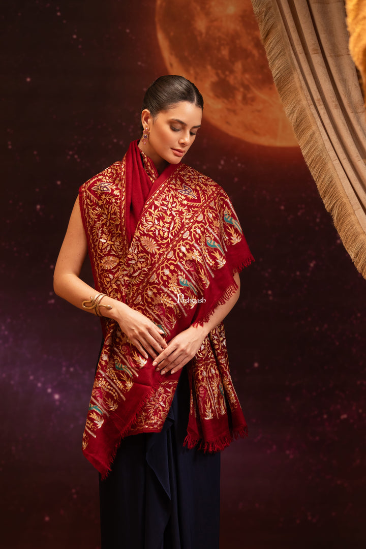 Pashtush Womens Pashmina Stole, Kashmiri Tilla Work, Handloom, Maroon