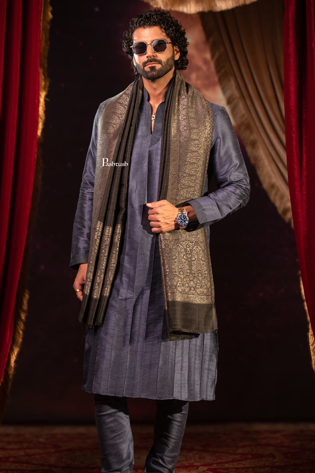 Pashtush Mens Stole, Twilight Design, Black