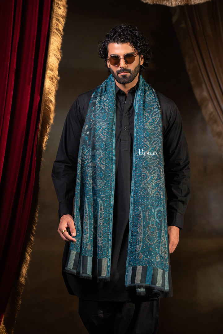 Pashtush Mens Faux Pashmina Stole, Paisley Weave Design, Blue
