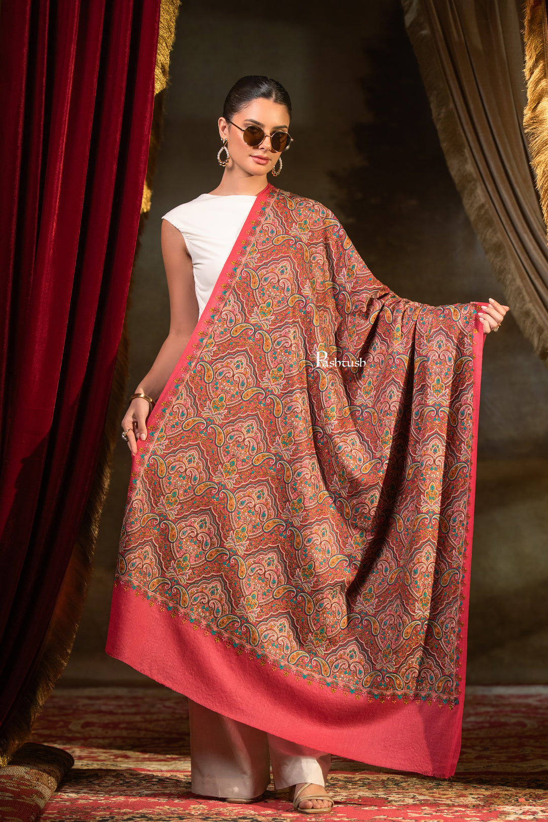 Pashtush Womens Extra Fine Wool Shawl, Paisley Embroidery Design, Dark Pink