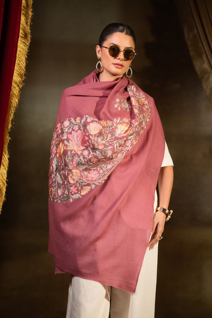 Pashtush Womens Extra Fine Wool Stole, Floral Embroidery Design, Pink