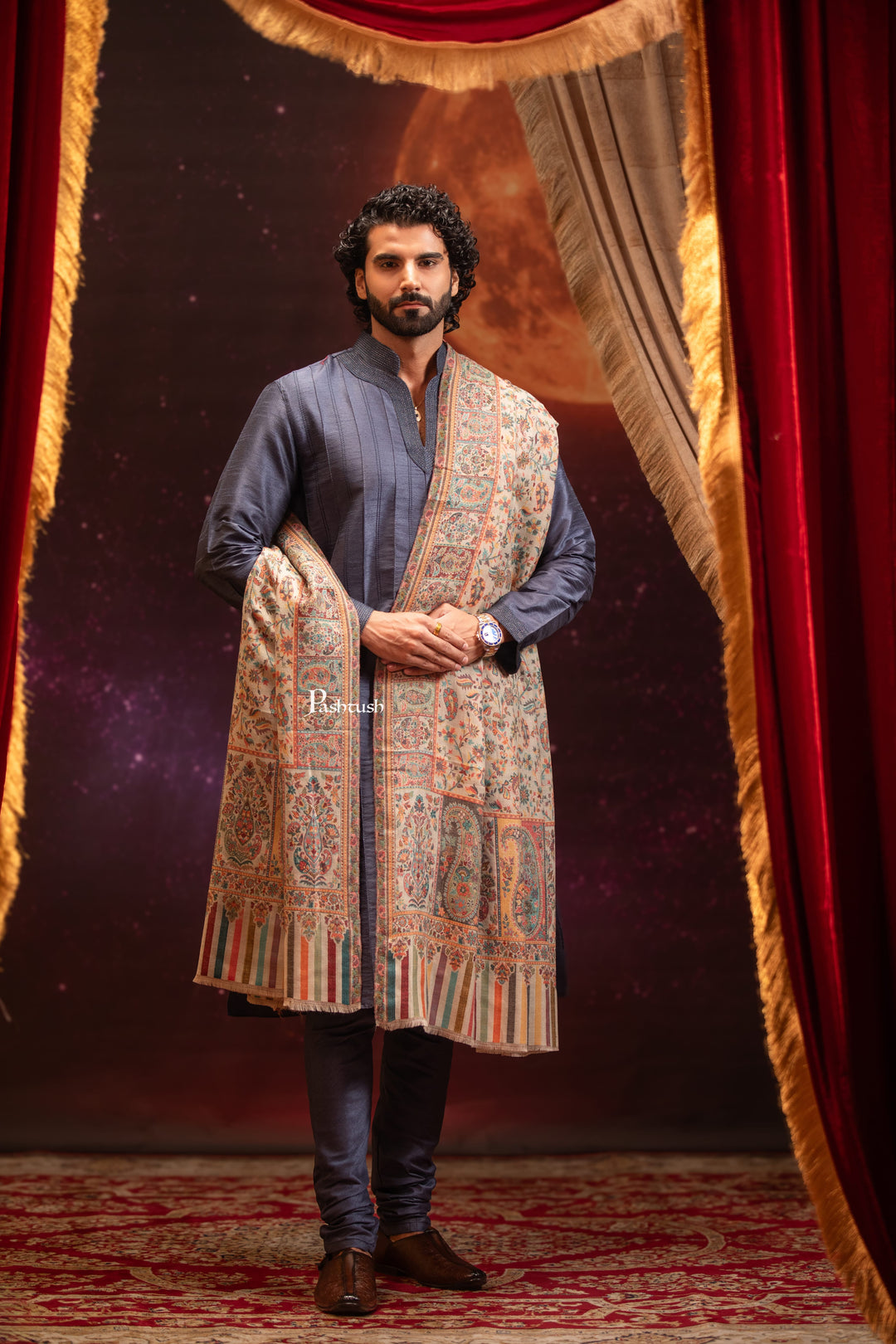 Pashtush Mens Extra Fine Wool Shawl, Ethnic Weave Design, Beige