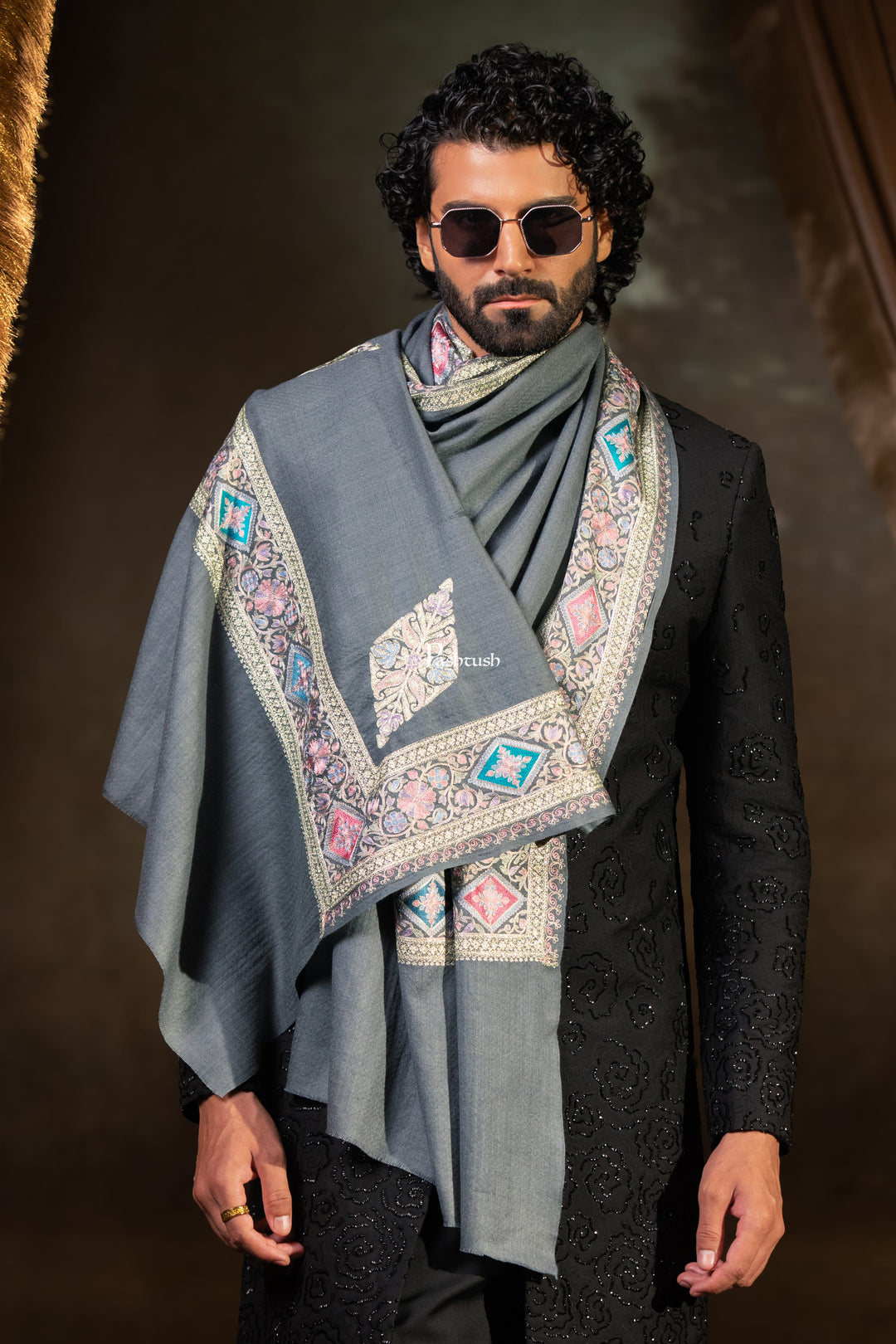 Pashtush Mens Extra Fine Wool Stole, Border Tilla Work, Grey