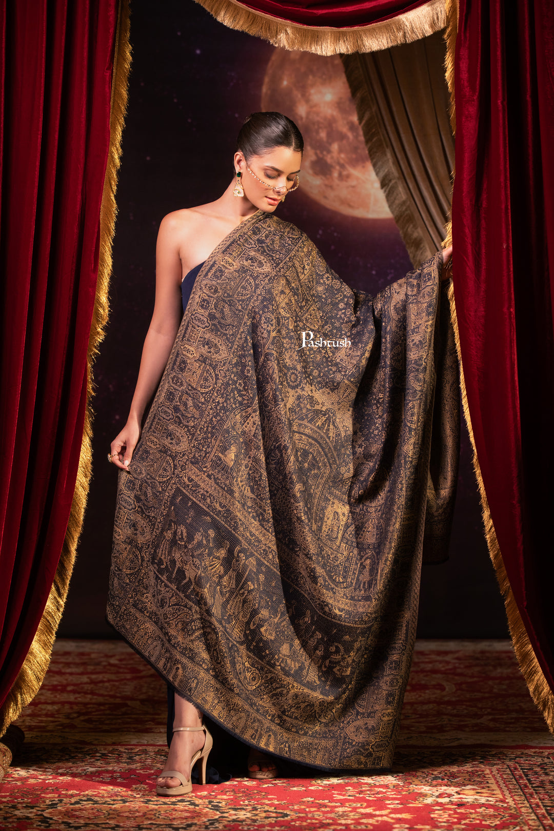 Pashtush Womens Faux Pashmina Shawl, Darbar Design, Navy Blue