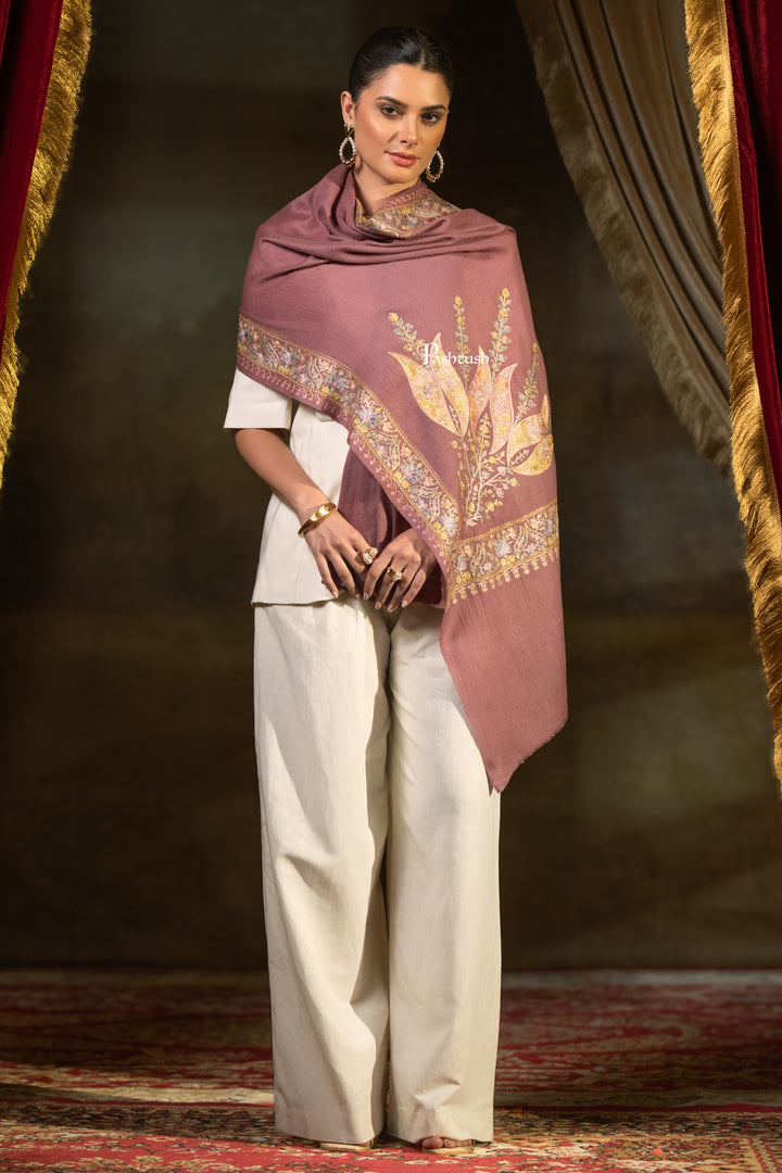 Pashtush Womens Extra Fine Wool Stole, Floral Embroidery Design, Peel Lilac