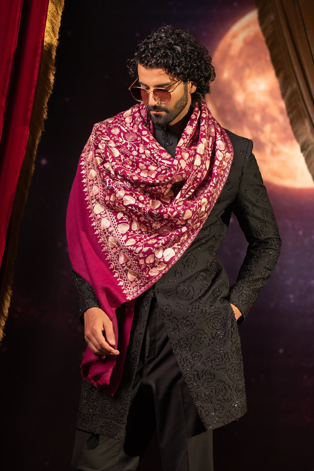 Pashtush Mens Extra Fine Wool Stole, Floral Design, Dark Pink
