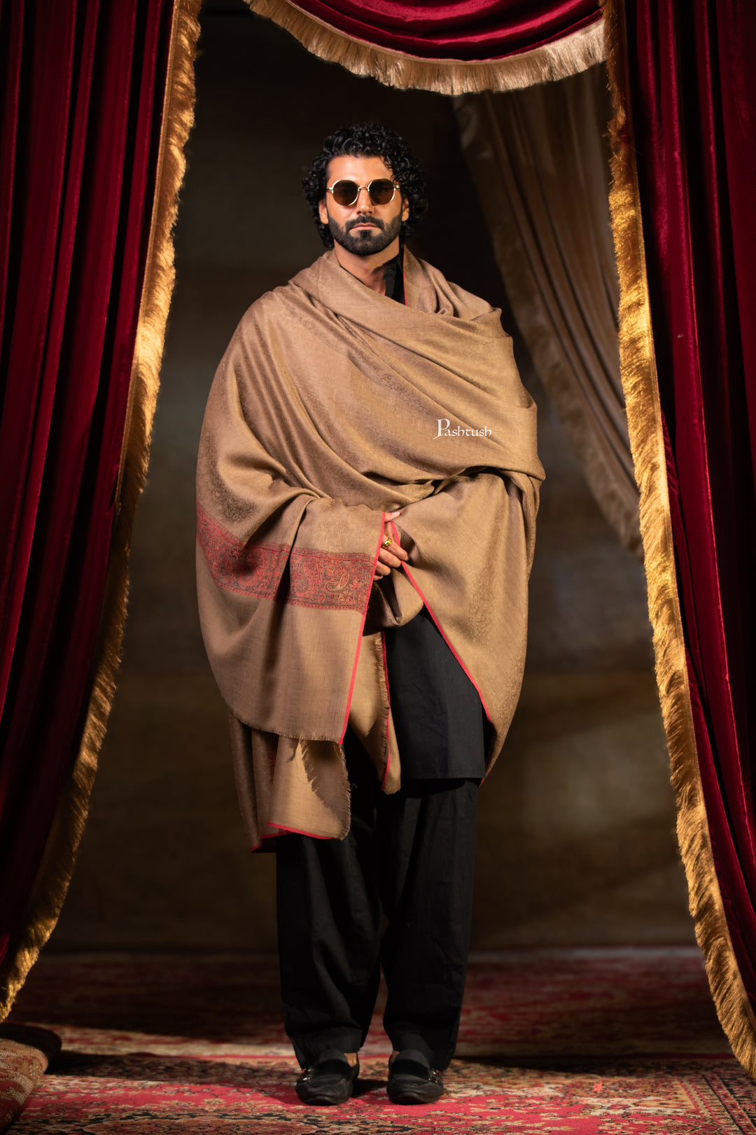 Pashtush Mens Extra Fine Wool Shawl, Ambi Border Design, Taupe