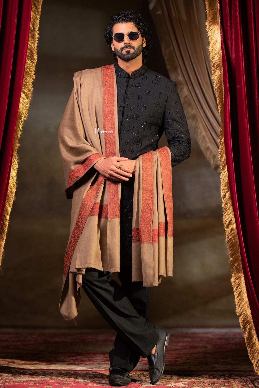 Pashtush Mens Fine Wool Shawl, Border Design with Tilla Embroidery, Taupe