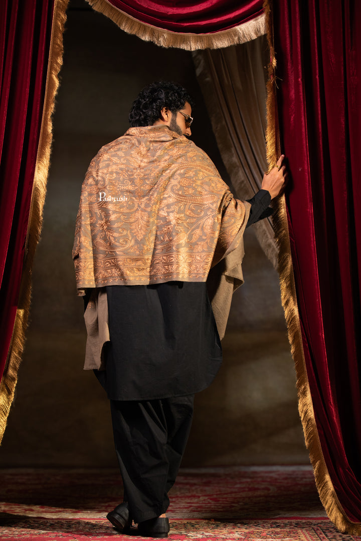 Pashtush Mens Extra Fine Wool Stole, Silk Wool Fine Embroidery, Taupe