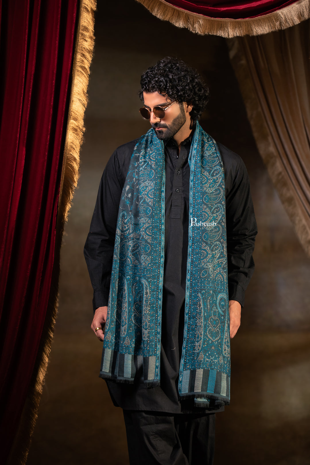 Pashtush Mens Faux Pashmina Stole, Paisley Weave Design, Blue