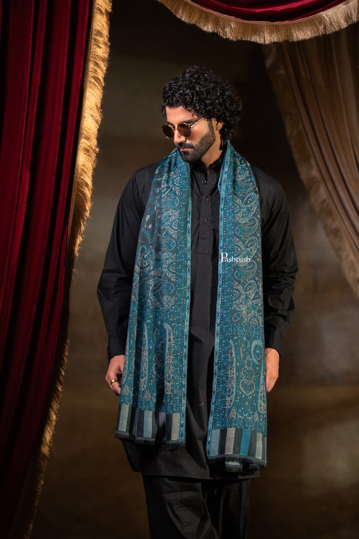 Pashtush Mens Faux Pashmina Stole, Paisley Weave Design, Blue