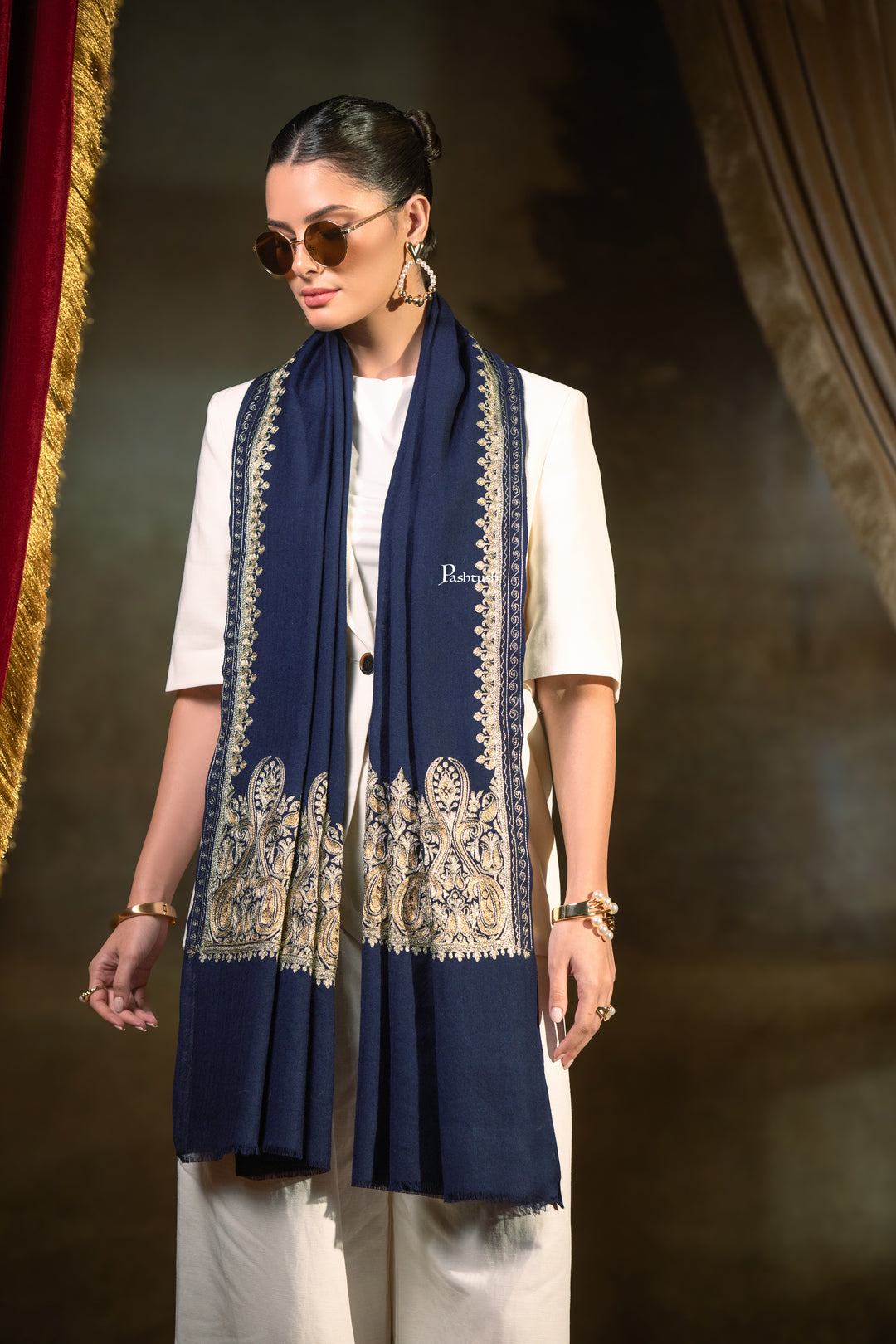 Pashtush Womens Extra Fine Wool Stole, Tilla Embroidery Work, Navy Blue