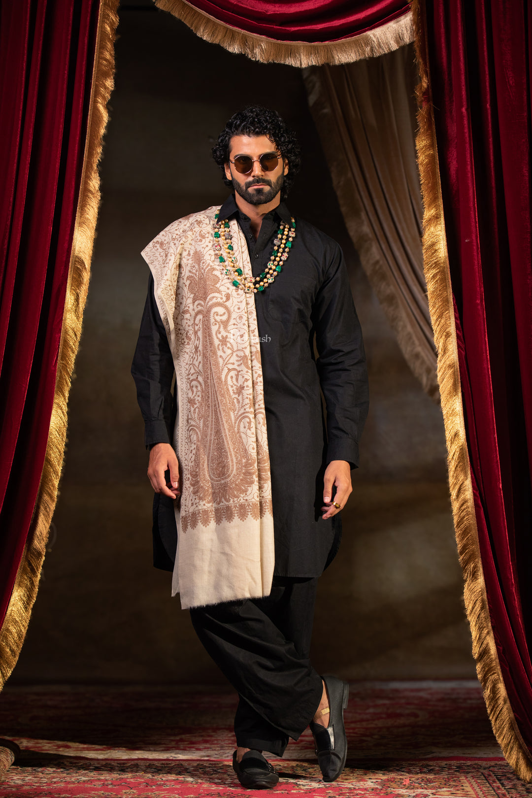 Pashtush Mens Extra Fine Wool Shawl, Tone Tone Embrodiery Design, Beige