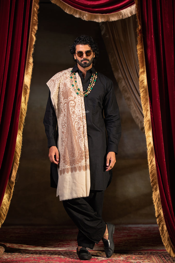 Pashtush Mens Extra Fine Wool Shawl, Tone Tone Embrodiery Design, Beige