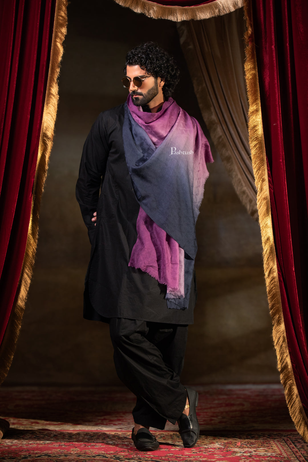 Pashtush Mens Cashmere Stole, Ombre Weave Design, Pink and Navy Blue