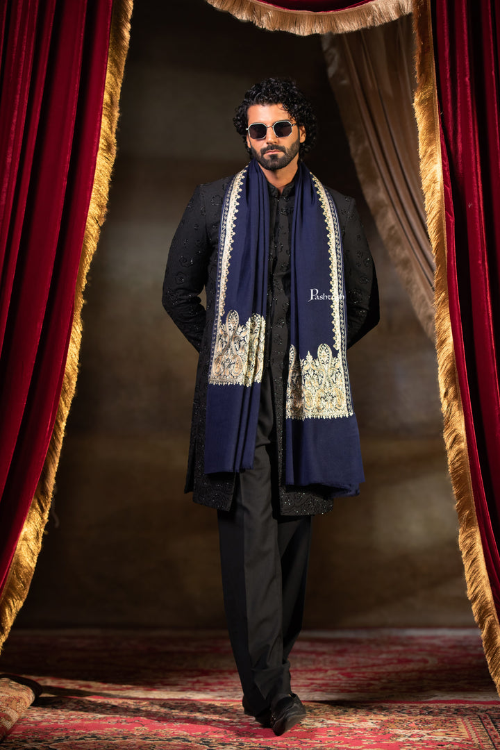 Pashtush Mens Extra Fine Wool Stole, Paisley Design, Navy Blue