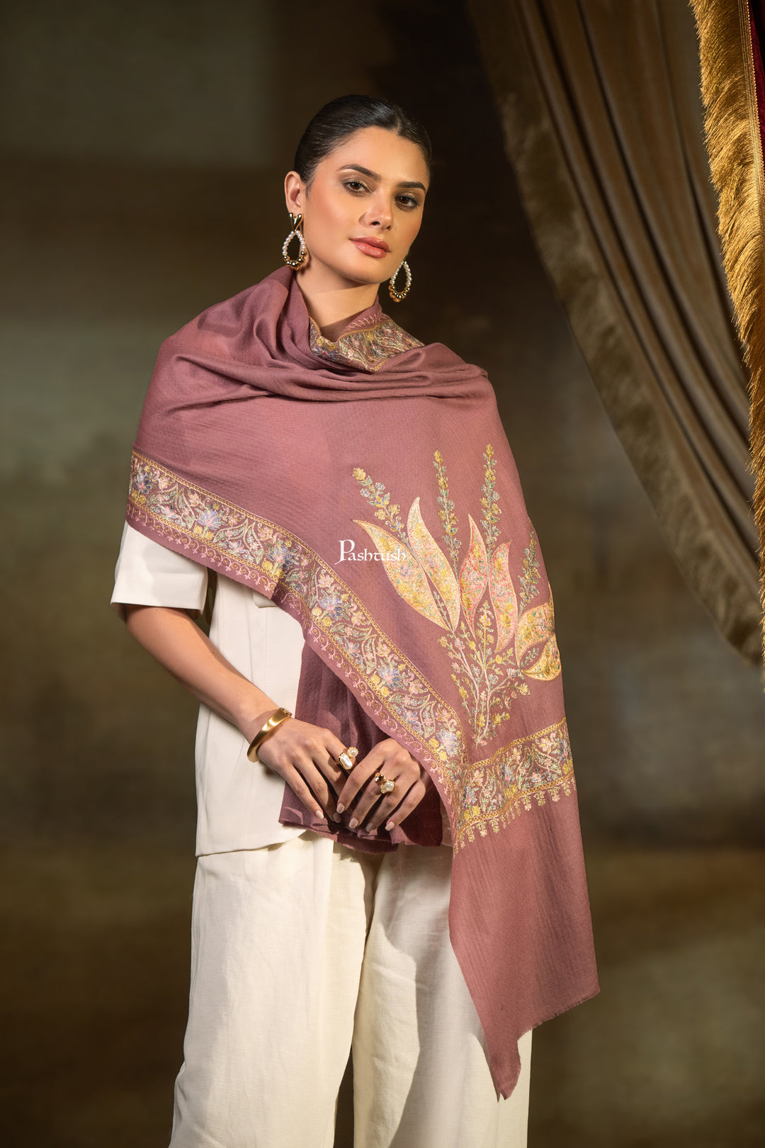 Pashtush Womens Extra Fine Wool Stole, Floral Embroidery Design, Peel Lilac