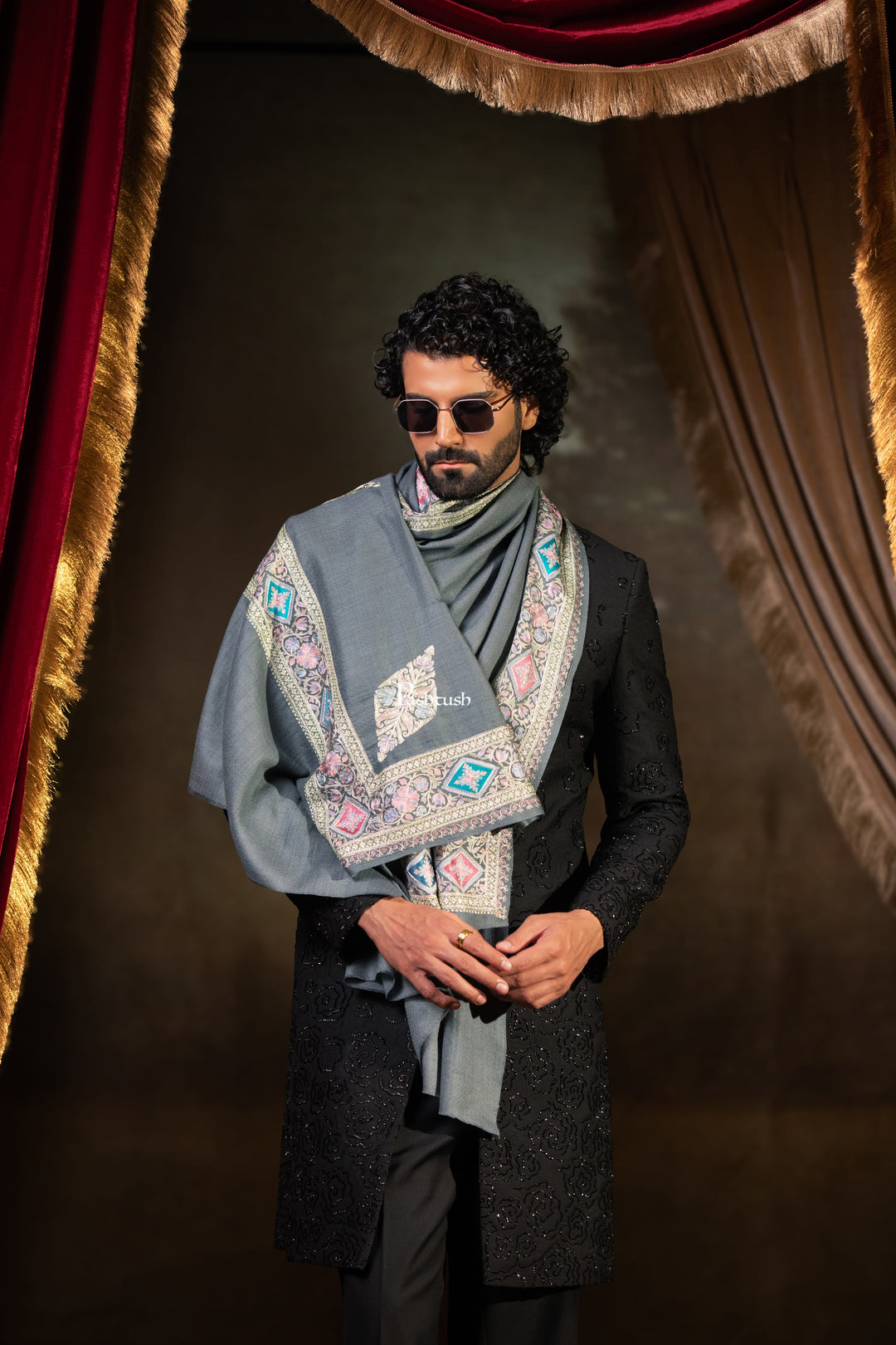 Pashtush Mens Extra Fine Wool Stole, Border Tilla Work, Grey