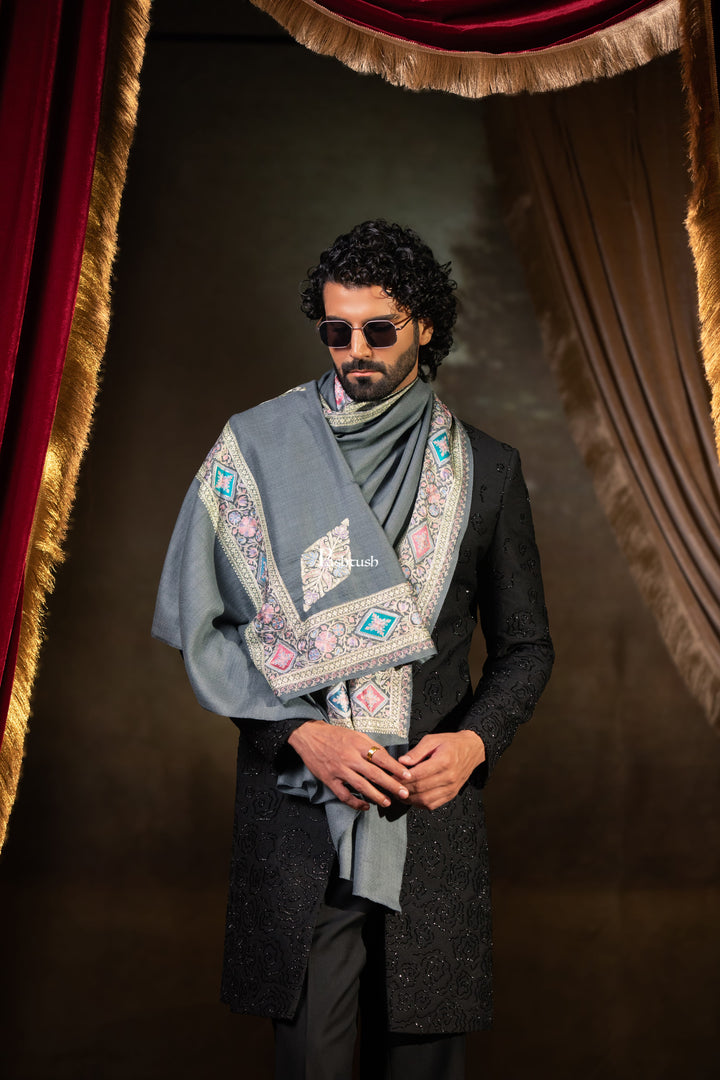 Pashtush Mens Extra Fine Wool Stole, Border Tilla Work, Grey