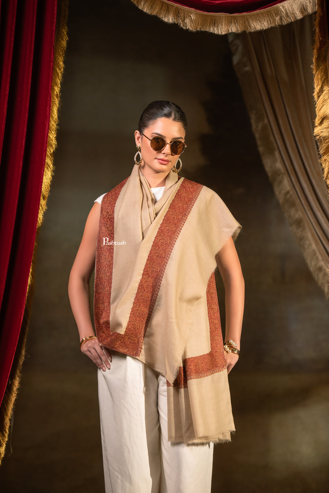 Pashtush Womens Extra Fine Wool Shawl, Double Daur Design, Beige