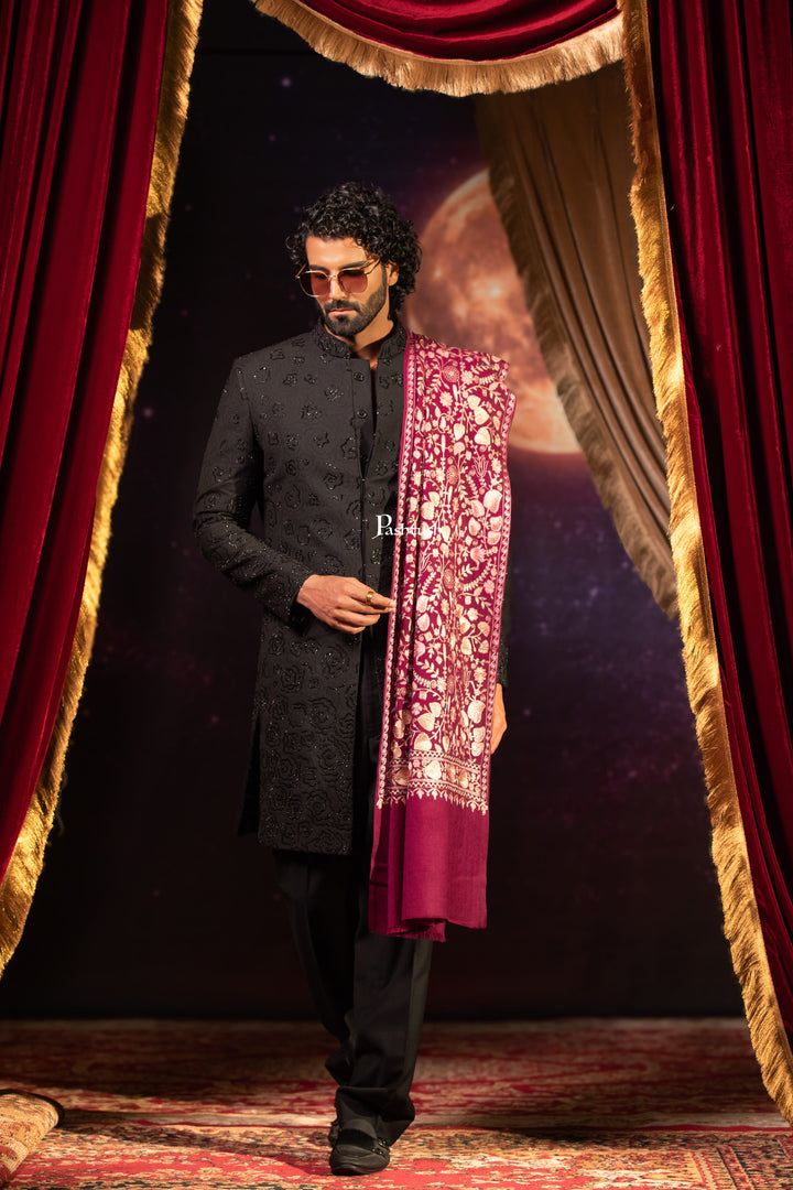 Pashtush Mens Extra Fine Wool Stole, Floral Design, Dark Pink