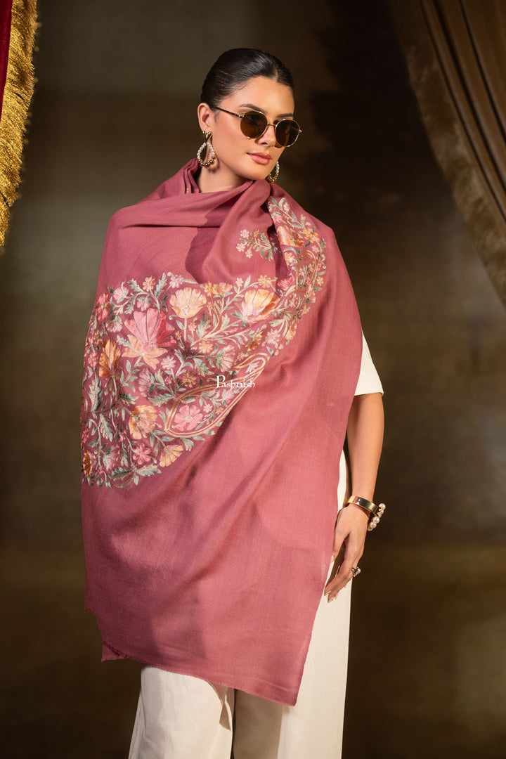 Pashtush Womens Extra Fine Wool Stole, Floral Embroidery Design, Pink
