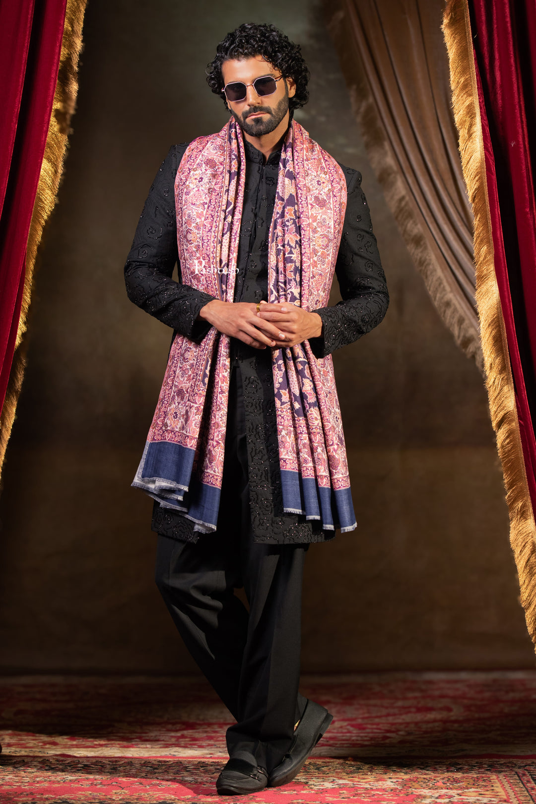 Pashtush Mens Faux Pashmina Stole, Floral Design, Navy Blue