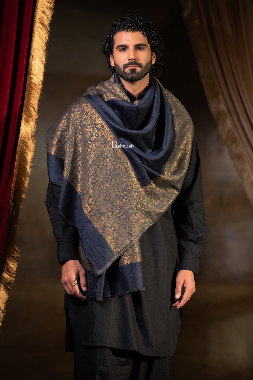Pashtush Mens Twilight Stole, Zari Design, Navy Blue