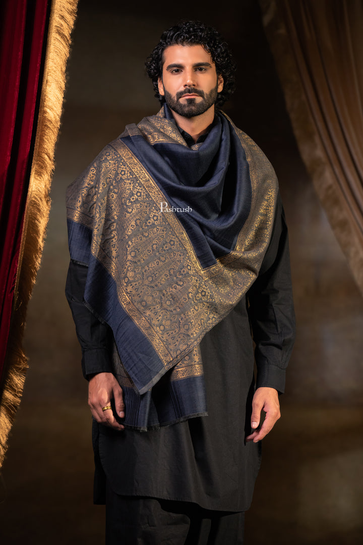 Pashtush Mens Twilight Stole, Zari Design, Navy Blue