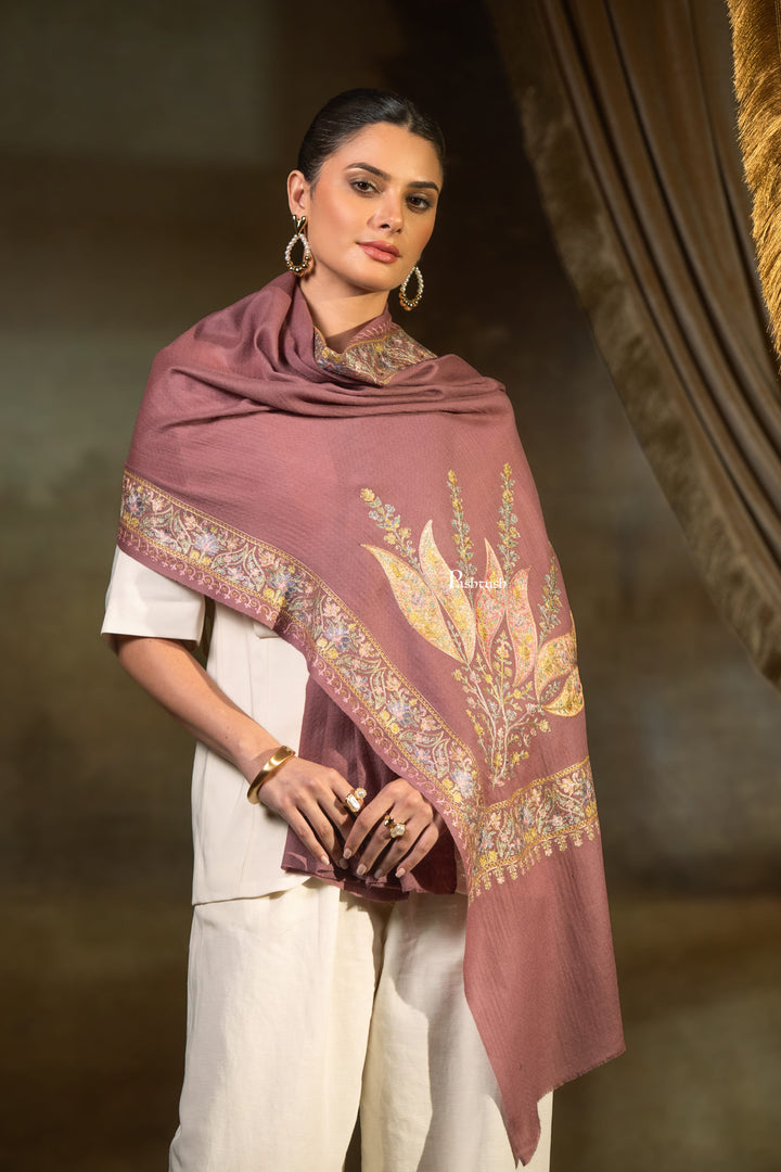 Pashtush Womens Extra Fine Wool Stole, Floral Embroidery Design, Pink