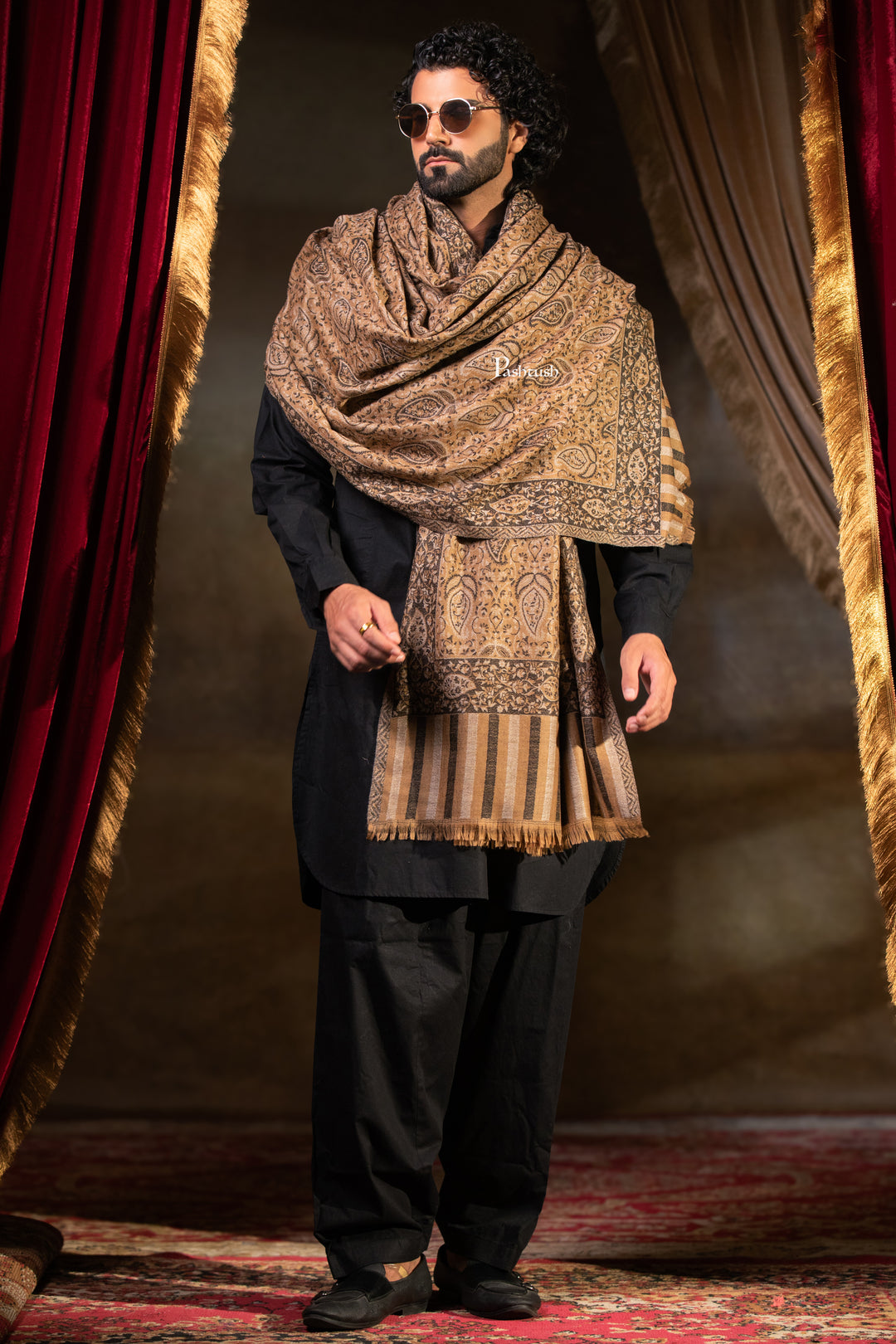 Pashtush Mens 100% Pure Wool With Woolmark Certificate Shawl,  Design, Brown