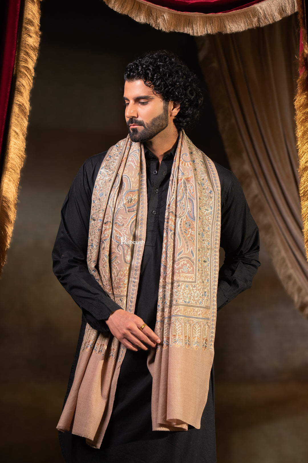Pashtush Mens Extra Fine Wool Stole, Silk Wool Fine Embroidery, Taupe