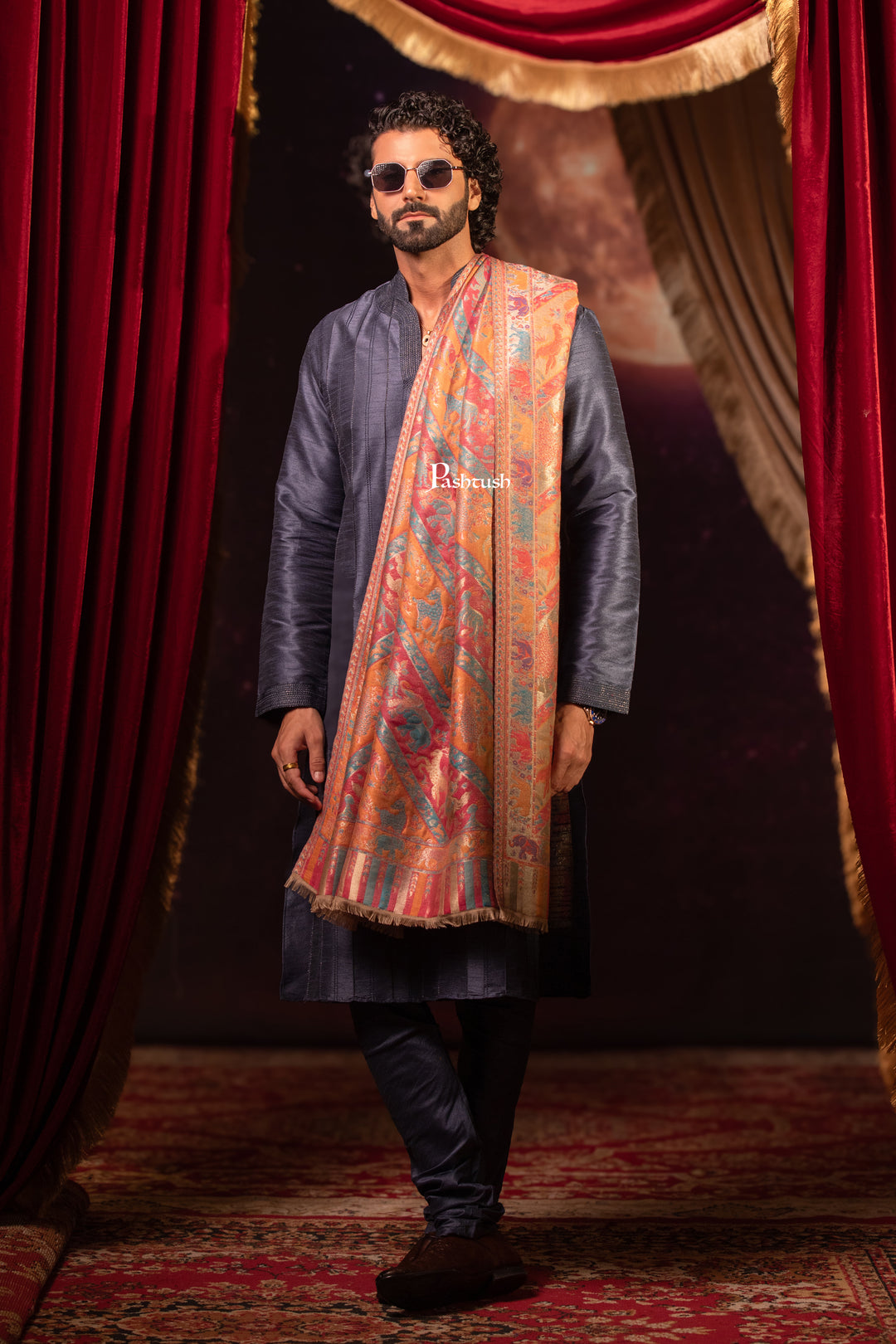 Pashtush Mens Faux Pashmina Shawl, Zari Design, Multicoloured