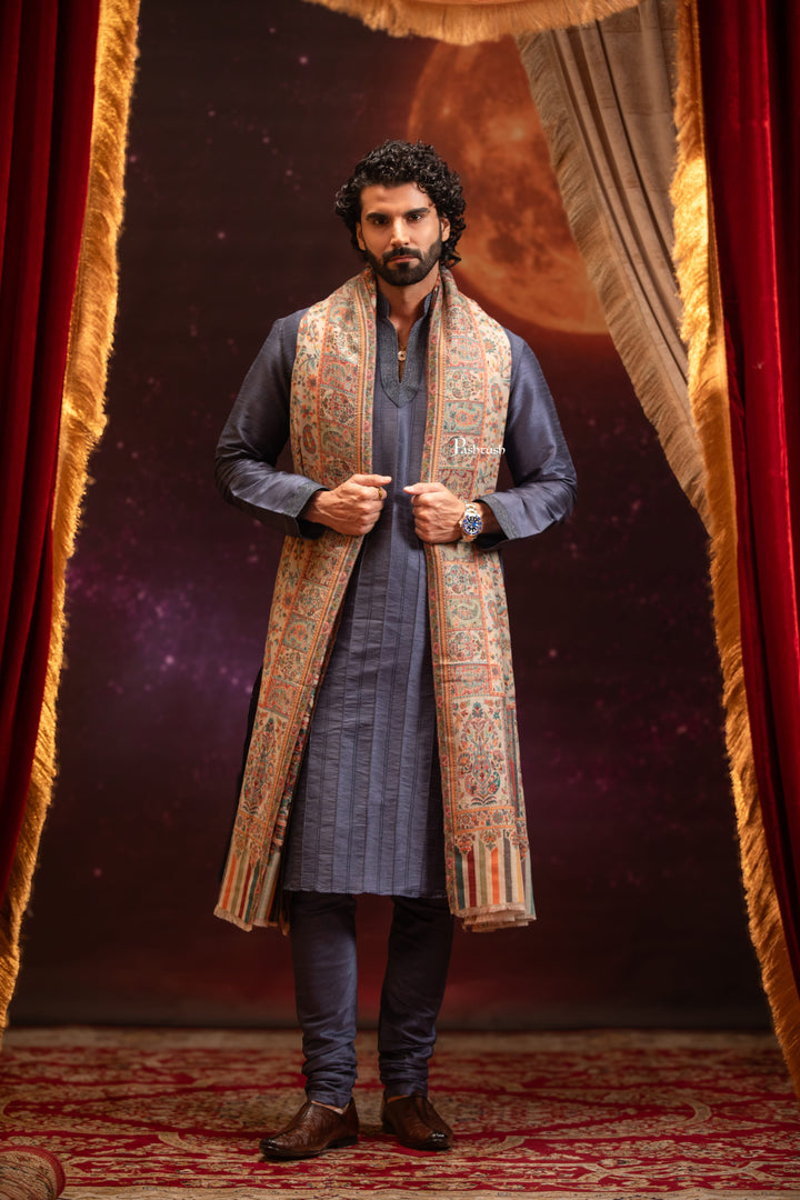 Pashtush Mens Extra Fine Wool Shawl, Ethnic Weave Design, Beige