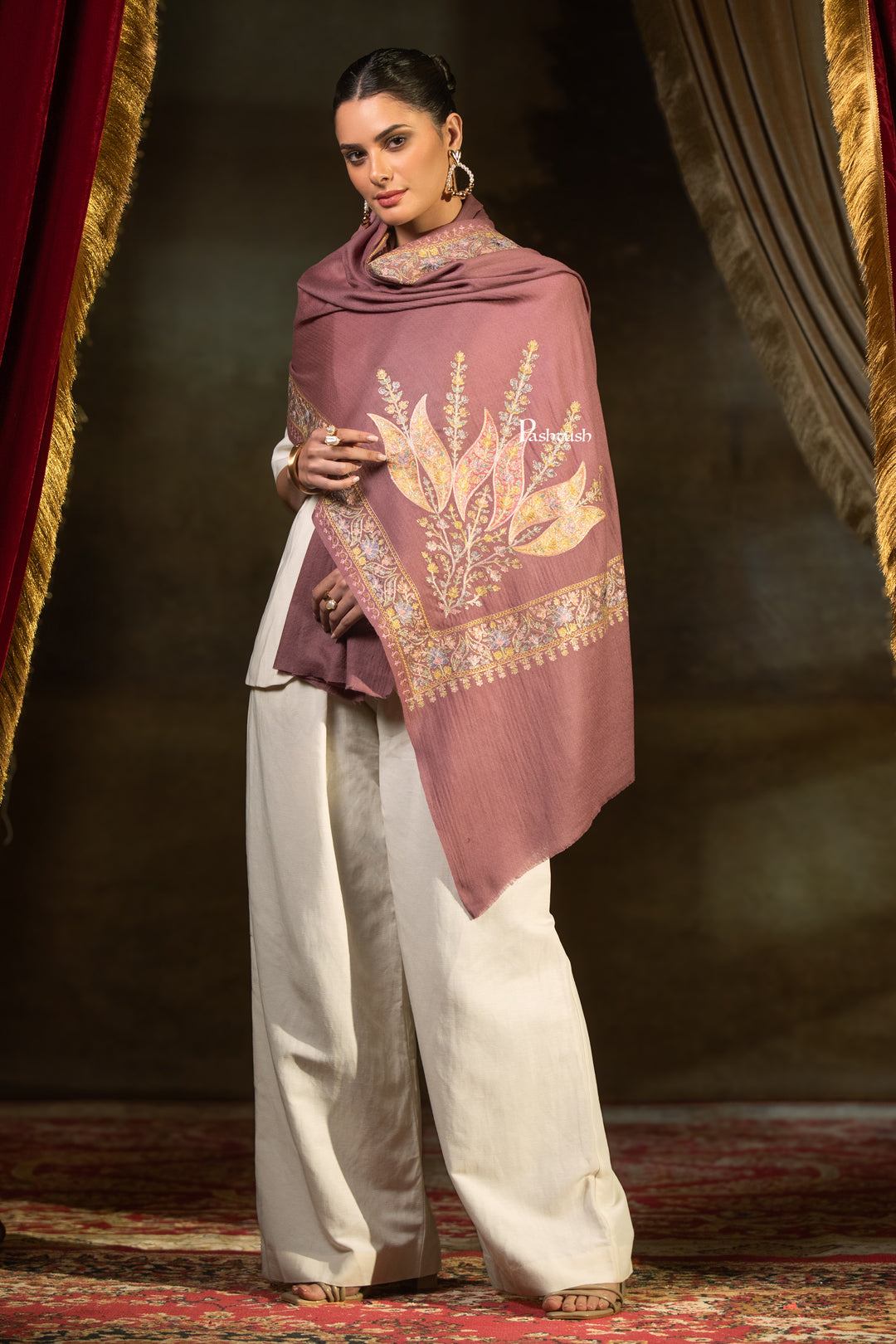 Pashtush Womens Extra Fine Wool Stole, Floral Embroidery Design, Peel Lilac